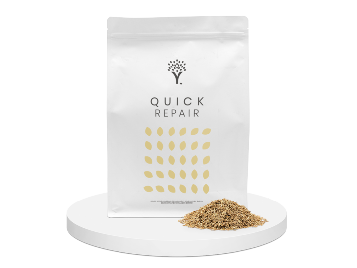 Front image of the Quick Repair grass seed product pouch with grass seed in front of the pouch