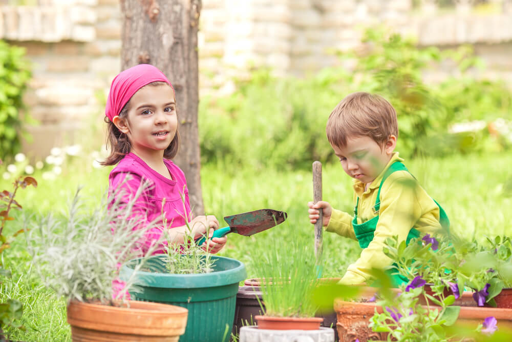 Kinderen planten tuinplanten in pot